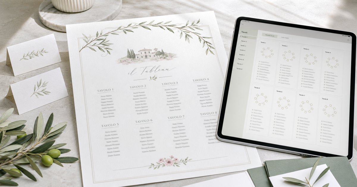 Tableau matrimonio con disposizione dei tavoli e degli invitati